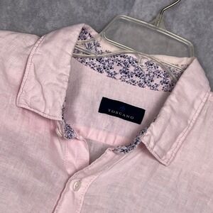 Toscano Button Down Shirt Mens XL Pink Short Sleeve Linen Blend‎ Trim